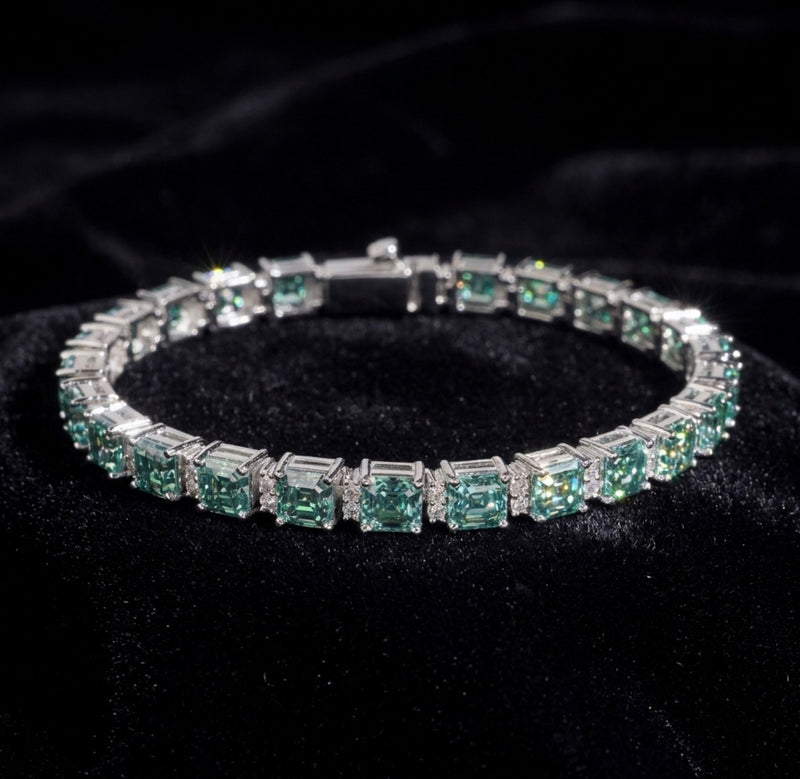 Iceisland™ Asscher Cut Blue-Green VVS Lab Diamond Tennis Bracelet – 14K Gold